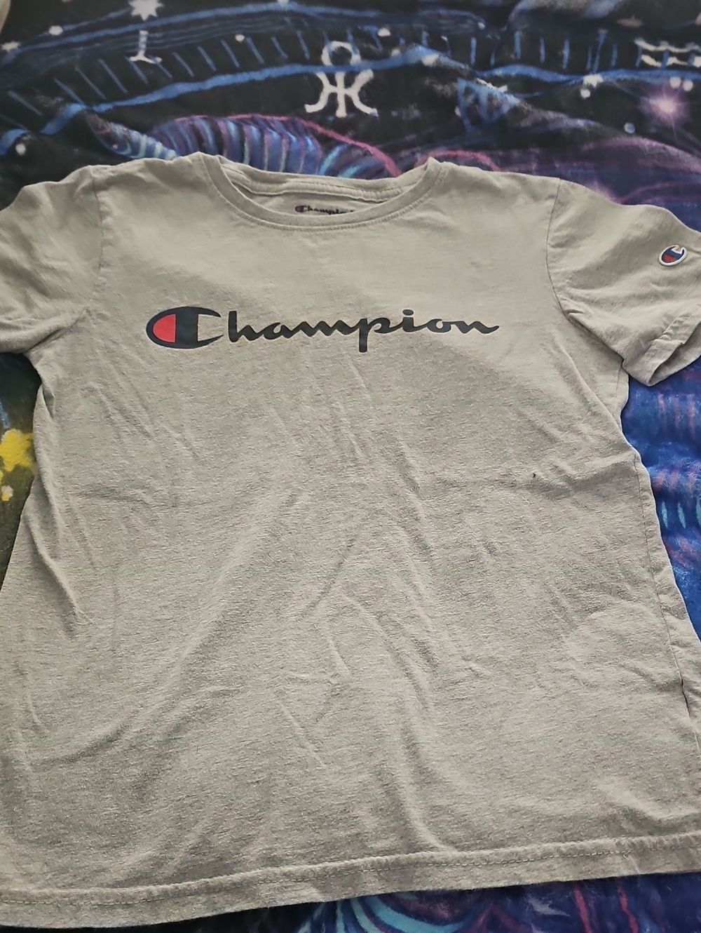 Champion Short-Sleeve Logo Tee — Light Gray with Navy & Red Accents